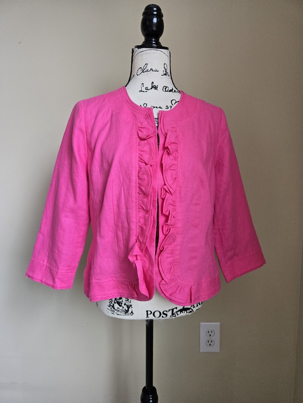 Kim Rogers Linen Blazer Womens M Petite Pink 3/4 Sleeve Ruffle Front